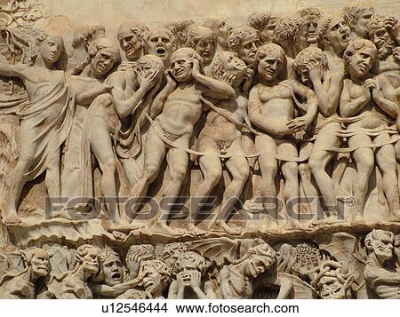 Picture -  Italy, Orvieto, Umbria, Europe, 14th-century bas-relief carvings of scriptural scenes on the fatade of The Cathedral in the medieval town of Orvieto.. Fotosearch