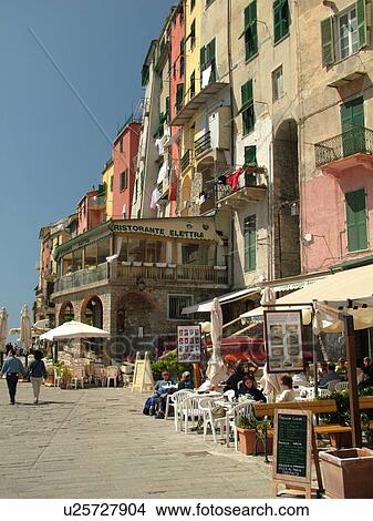 Italy, Portovenere, Riviera di Levante, Liguria, Ligurian Riviera, Europe, Outdoor cafTs on the waterfront in the resort town of Portovenere along the Ligurian Sea. View Large Photo Image Picture - Italy, Portovenere, Riviera di Levante, Liguria, Ligurian Riviera, Europe, Outdoor cafTs on the waterfront in the resort town of Portovenere along the Ligurian Sea.. Fotosearch