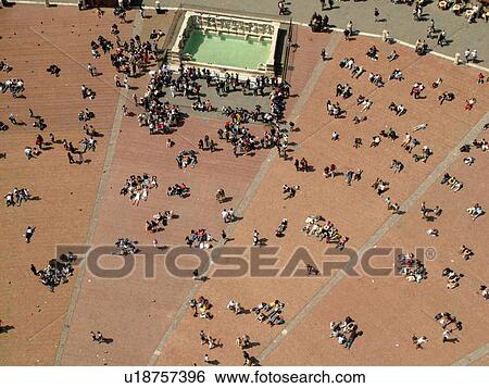 Italy, Siena, Tuscany, Toscana, Europe, Aerial view of the Piazza del Campo and the Fonte Gaia (Gay Fountain) in the city of Siena from Torre del Mangia. View Large Photo Image Stock Photograph - Italy, Siena, Tuscany, Toscana, Europe, Aerial view of the Piazza del Campo and the Fonte Gaia (Gay Fountain) in the city of Siena from Torre del Mangia.. Fotosearch