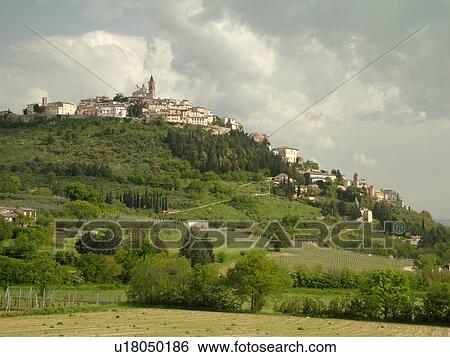 Stock Photograph -  Italy, Trevi, Umbria, Europe, Scenic view of the hilltop medieval town of Trevi.. Fotosearch