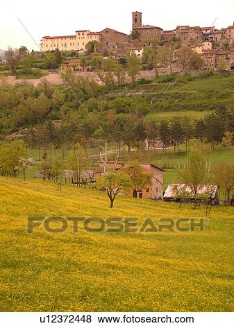 Stock Photo -  Italy, Tuscany, Poppi, Toscana, Europe, Scenic view of the town of Poppi in the Casentino hill region.. Fotosearch