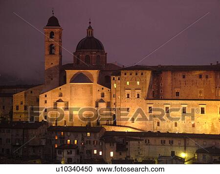 Italy, Urbino, Marche, Europe, The Palazzo Ducale in the medieval hill town of Urbino in the evening. View Large Photo Image Stock Image - Italy, Urbino, Marche, Europe, The Palazzo Ducale in the medieval hill town of Urbino in the evening.. Fotosearch