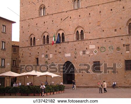 Stock Image -  Italy, Volterra, Tuscany, Toscana, Europe, Palazzo dei Priori in the Piazza dei Priori in the medieval hill town of Volterra.. Fotosearch