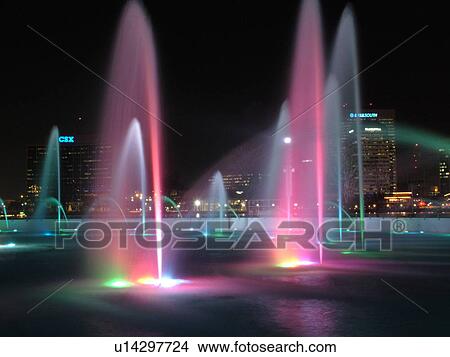 Jacksonville, FL, Florida, downtown skyline, Friendship Fountain at Friendship Park illuminated at night View Large Photo Image Picture - Jacksonville, FL, Florida, downtown skyline, Friendship Fountain at Friendship Park illuminated at night. Fotosearch