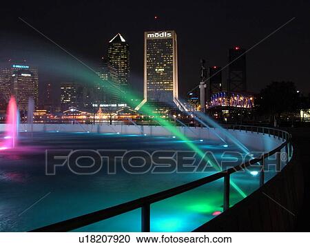 Jacksonville, FL, Florida, downtown skyline, Friendship Fountain at Friendship Park illuminated at night View Large Photo Image Stock Image - Jacksonville, FL, Florida, downtown skyline, Friendship Fountain at Friendship Park illuminated at night. Fotosearch