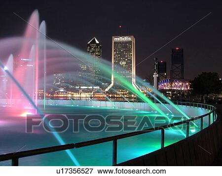 Jacksonville, FL, Florida, downtown skyline, Friendship Fountain at Friendship Park illuminated at night View Large Photo Image Stock Photo - Jacksonville, FL, Florida, downtown skyline, Friendship Fountain at Friendship Park illuminated at night. Fotosearch