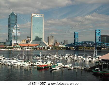 Jacksonville, FL, Florida, downtown skyline, Main Street Bridge, boats docked at marina on the St. Johns River in South Jacksonville View Large Photo Image Stock Photo - Jacksonville, FL, Florida, downtown skyline, Main Street Bridge, boats docked at marina on the St. Johns River in South Jacksonville. Fotosearch