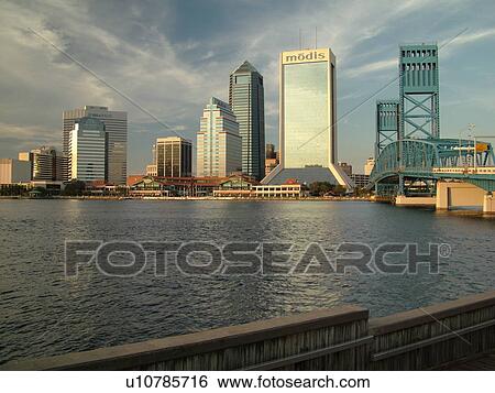 Stock Photograph -  Jacksonville, FL, Florida, downtown skyline, Main Street Bridge spans the St. Johns River . Fotosearch