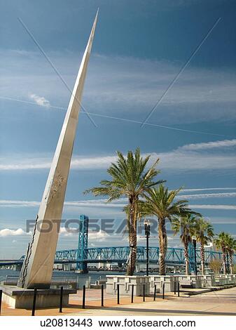 Stock Image -  Jacksonville, FL, Florida, riverfronts, Main Street Bridge crossing the St. Johns River, Fireman's Monument, Great Fire of 1901, along Coast Line Drive. Fotosearch