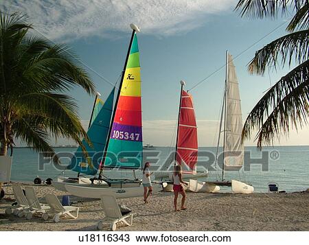 Stock Image -  Key Biscayne, Miami, FL, Florida, Virginia Key, Biscayne Bay, beach, sailboat and catamaran rentals. Fotosearch