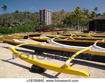 Stock Image -  Kuliouou, Oahu, Honolulu, HI, Hawaii, Kuliouou Beach Park, Maunalua Bay, outrigger sea canoes. Fotosearch
