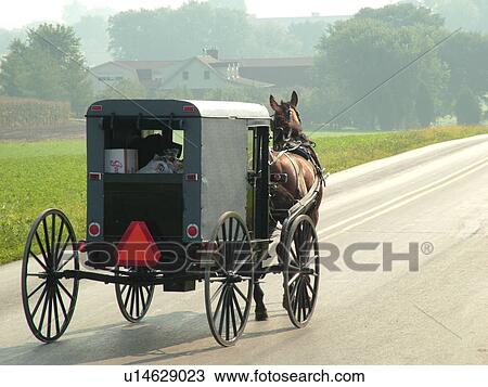 Stock Image -  Lancaster County, PA, Pennsylvania, Amish, horse and buggy. Fotosearch
