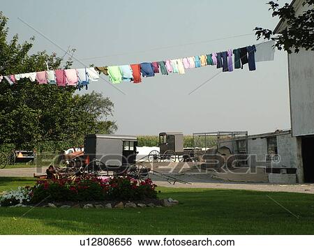 Stock Photograph -  Lancaster County, PA, Pennsylvania, Amish, farm, clothes drying on clothesline. Fotosearch