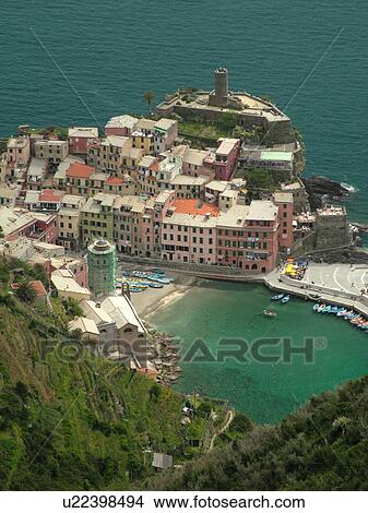 Picture -  Liguria, Italy, Cinque Terre, Vernazza, Riviera di Levante, Ligurian Riviera, Europe, Scenic view of Vernazza, a Cinque Terre village, along the steep rocky coast of the Ligurian Sea.. Fotosearch