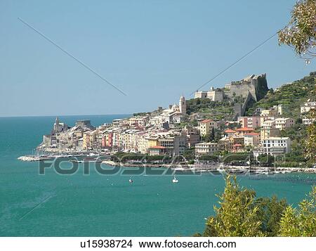 Picture -  Liguria, Italy, Portovenere, Riviera di Levante, Ligurian Riviera, Europe, Scenic view of the resort town of Portovenere along the Ligurian Sea.. Fotosearch