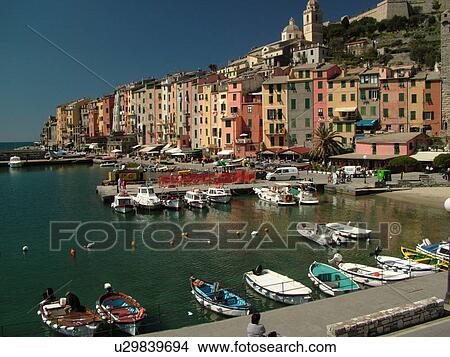 Picture -  Liguria, Italy, Portovenere, Riviera di Levante, Ligurian Riviera, Europe, Fishing boats docked in the harbor of the resort town of Portovenere along the Ligurian Sea.. Fotosearch