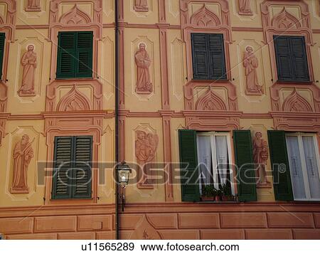 Stock Photo -  Liguria, Italy, Rapallo, Riviera di Levante, Ligurian Riviera, Europe, Fresco painting on the wall of a building in the resort town of Rapallo along the Ligurian Sea.. Fotosearch