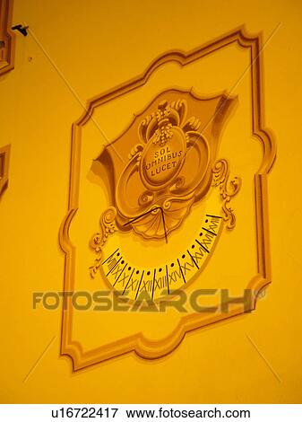 Stock Photo -  Liguria, Italy, Rapallo, Riviera di Levante, Ligurian Riviera, Europe, Sundial fresco painting on the side of a building in the resort town of Rapallo.. Fotosearch
