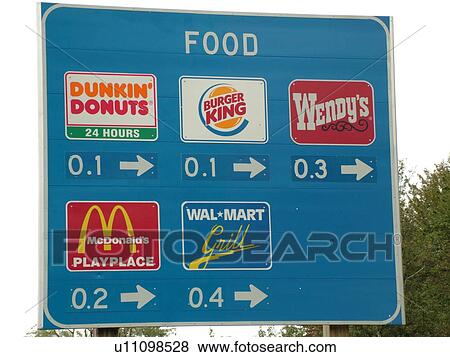 Maine, blue, directional, road sign, fast food View Large Photo Image Stock Photo - Maine, blue, directional, road sign, fast food. Fotosearch