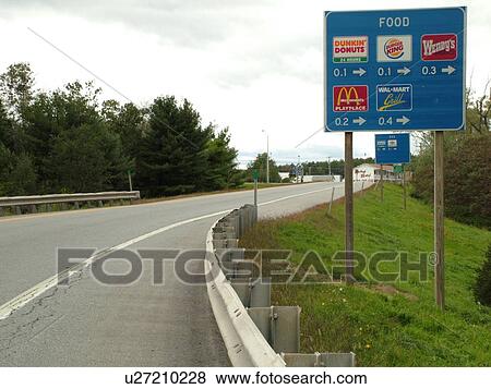 Maine, blue, directional, road sign, fast food View Large Photo Image Stock Photo - Maine, blue, directional, road sign, fast food. Fotosearch