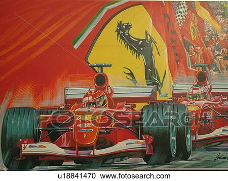 Stock Image -  Maranello, Emilia-Romagna, Italy, Europe, Wall mural of a Ferrari and the Ferrari symbol on the side of a building in the town of Maranello.. Fotosearch