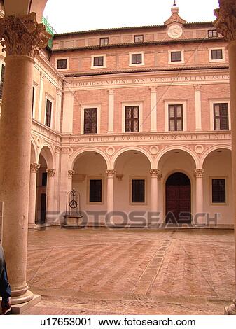 Stock Image -  Marche, Italy, Urbino, Europe, Cortile d'Onove, Renaissance Courtyard, in the Palazzo Ducale in the medieval town of Urbino.. Fotosearch