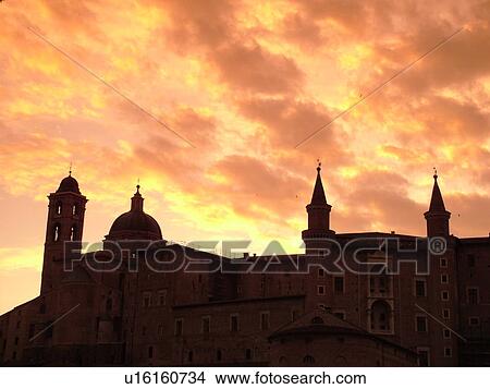 Marche, Italy, Urbino, Europe, Silhouette of the Palazzo Ducale in the medieval hill town of Urbino at sunrise. View Large Photo Image Picture - Marche, Italy, Urbino, Europe, Silhouette of the Palazzo Ducale in the medieval hill town of Urbino at sunrise.. Fotosearch
