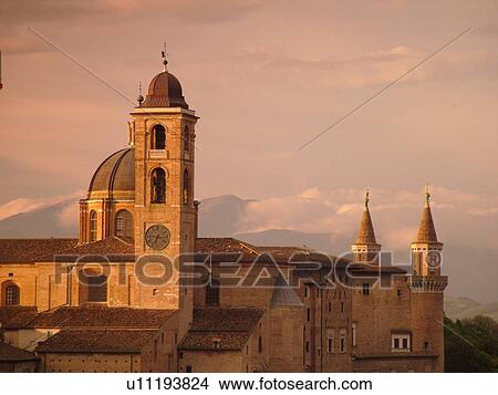 Marche, Italy, Urbino, Europe, Scenic view of the Palazzo Ducale in the medieval hill town of Urbino at sunrise. View Large Photo Image Picture - Marche, Italy, Urbino, Europe, Scenic view of the Palazzo Ducale in the medieval hill town of Urbino at sunrise.. Fotosearch