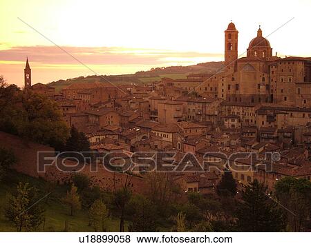 Marche, Italy, Urbino, Europe, Scenic view of the medieval hill town of Urbino at sunrise. View Large Photo Image Stock Photo - Marche, Italy, Urbino, Europe, Scenic view of the medieval hill town of Urbino at sunrise.. Fotosearch