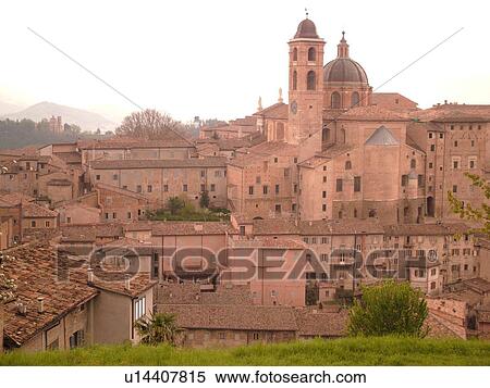 Stock Photography -  Marche, Italy, Urbino, Europe, Scenic view of the medieval hill town of Urbino.. Fotosearch