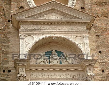 Stock Image -  Marche, Italy, Urbino, Europe, The lunette above the 15th-century doorway of the Chiesa di San Domenico in the medieval town of Urbino.. Fotosearch