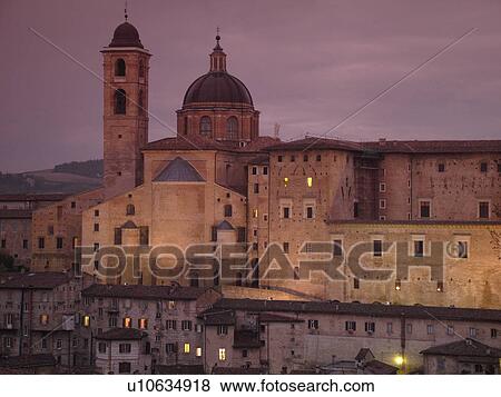 Marche, Italy, Urbino, Europe, The Palazzo Ducale in the medieval hill town of Urbino in the evening. View Large Photo Image Stock Photo - Marche, Italy, Urbino, Europe, The Palazzo Ducale in the medieval hill town of Urbino in the evening.. Fotosearch