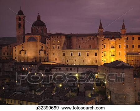 Marche, Italy, Urbino, Europe, The Palazzo Ducale in the medieval hill town of Urbino in the evening. View Large Photo Image Stock Photo - Marche, Italy, Urbino, Europe, The Palazzo Ducale in the medieval hill town of Urbino in the evening.. Fotosearch