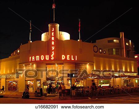 Miami Beach, South Beach, FL, Florida, Ocean Drive, American Riviera, Art Deco District, Jerry's Famous Deli, evening View Large Photo Image Stock Image - Miami Beach, South Beach, FL, Florida, Ocean Drive, American Riviera, Art Deco District, Jerry's Famous Deli, evening. Fotosearch