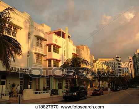 Stock Image -  Miami Beach, South Beach, FL, Florida, Ocean Drive, American Riviera, Art Deco District, Crescent. Fotosearch