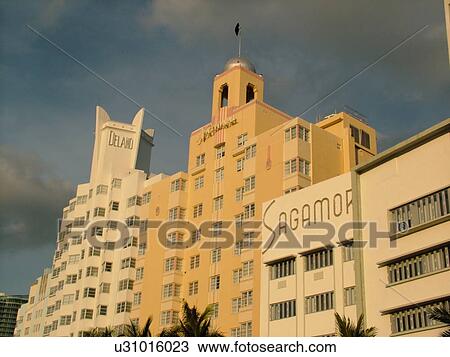 Stock Image -  Miami Beach, South Beach, FL, Florida, Collins Avenue, American Riviera, Art Deco District, buildings, Delano, National, Sagamore. Fotosearch
