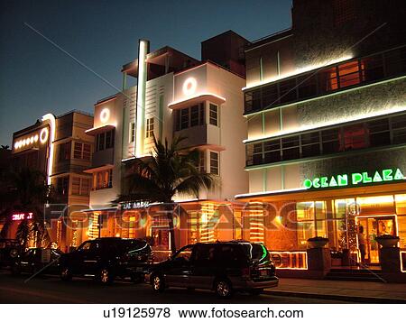 Miami Beach, South Beach, FL, Florida, Ocean Drive, American Riviera, Art Deco District, buildings, evening View Large Photo Image Stock Photo - Miami Beach, South Beach, FL, Florida, Ocean Drive, American Riviera, Art Deco District, buildings, evening. Fotosearch