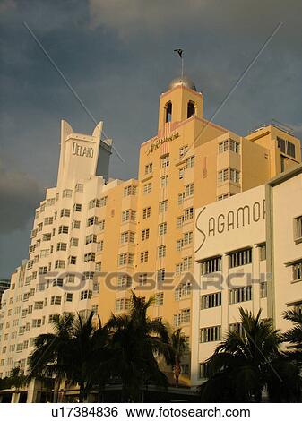 Stock Photograph -  Miami Beach, South Beach, FL, Florida, Collins Avenue, American Riviera, Art Deco District, buildings, Delano, National, Sagamore. Fotosearch