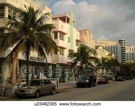 Stock Photography -  Miami Beach, South Beach, FL, Florida, Ocean Drive, American Riviera, Art Deco District, Crescent. Fotosearch
