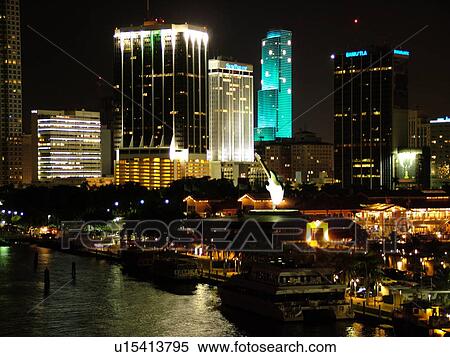 Stock Photography -  Miami, FL, Florida, Biscayne Bay, Bayside Marketplace, Miamarina, skyline, evening. Fotosearch