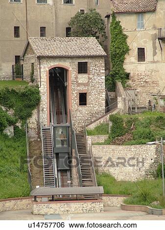 Stock Photograph -  Narni, Umbria, Italy, Europe, Funicular in the medieval walled hill town of Narni.. Fotosearch