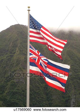 Stock Image -  Oahu, HI, Hawaii, U. S. Flag, Hawaiian State Flag. Fotosearch