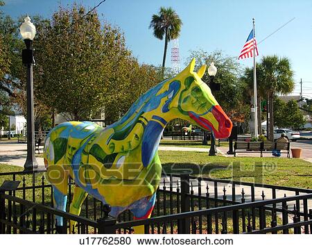 Stock Image -  Ocala, FL, Florida, downtown, horse statue display. Fotosearch