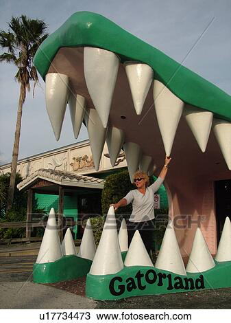 Stock Image -  Orlando, FL, Florida, Gatorland, entrance, woman standing in the giant alligator jaws. Fotosearch