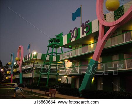 Orlando, FL, Florida, Lake Buena Vista, Disney's All-Star Sports Resort, evening, giant tennis rackets and balls View Large Photo Image Picture - Orlando, FL, Florida, Lake Buena Vista, Disney's All-Star Sports Resort, evening, giant tennis rackets and balls. Fotosearch
