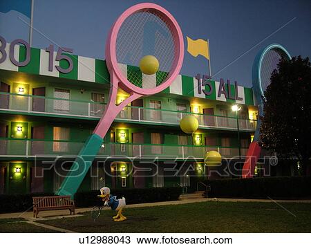Orlando, FL, Florida, Lake Buena Vista, Disney's All-Star Sports Resort, evening, giant tennis rackets and balls View Large Photo Image Stock Image - Orlando, FL, Florida, Lake Buena Vista, Disney's All-Star Sports Resort, evening, giant tennis rackets and balls. Fotosearch