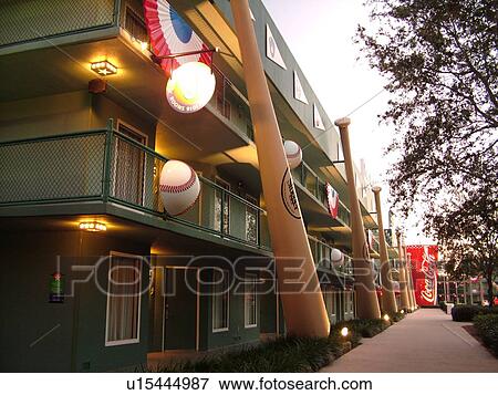 Orlando, FL, Florida, Lake Buena Vista, Disney's All-Star Sports Resort, evening, giant baseballs and bats View Large Photo Image Stock Photo - Orlando, FL, Florida, Lake Buena Vista, Disney's All-Star Sports Resort, evening, giant baseballs and bats. Fotosearch