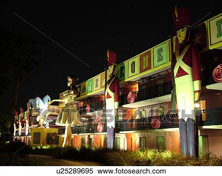 Orlando, FL, Florida, Lake Buena Vista, Disney's All-Star Movie Resort, evening, Toyland View Large Photo Image Stock Photography - Orlando, FL, Florida, Lake Buena Vista, Disney's All-Star Movie Resort, evening, Toyland. Fotosearch