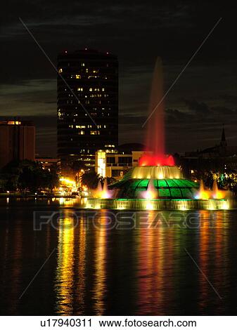 Orlando, FL, Florida, Lake Eola, colorfully lighted Clinton Allen Fountain, evening View Large Photo Image Stock Image - Orlando, FL, Florida, Lake Eola, colorfully lighted Clinton Allen Fountain, evening. Fotosearch
