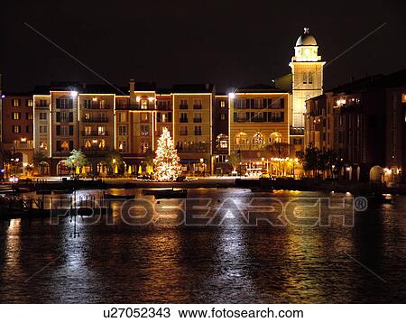 Stock Image -  Orlando, FL, Florida, Portofino Bay Hotel, Universal Orlando Resort, evening. Fotosearch
